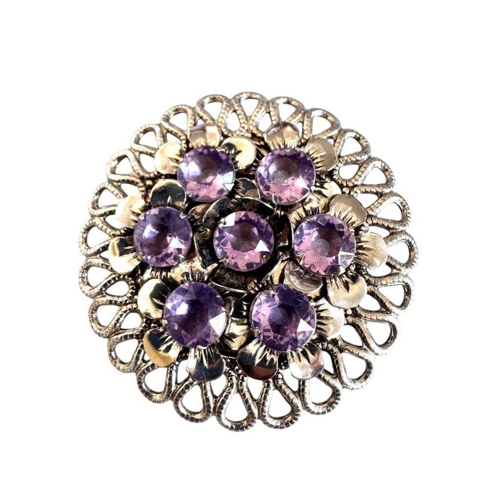 Purple and Silver Plated Flower Brooch #22063